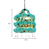 Lámpara de araña vintage de metal con forma de flor, suspensión LED azul y detalles de cristal